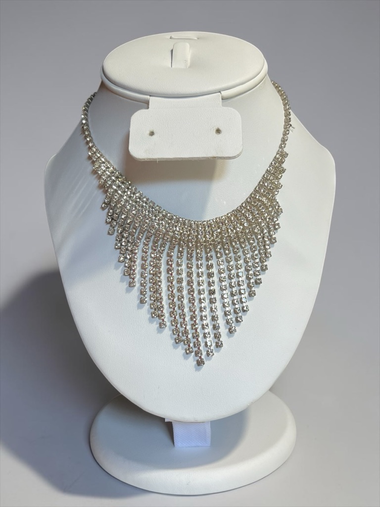 Silver Tone Crystal Rhinestone Drop Statement Necklace Cc